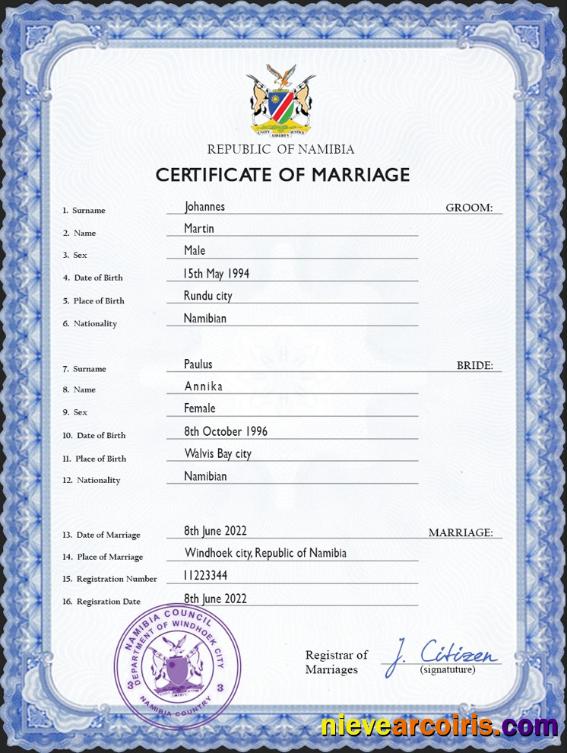 Namibia marriage certificate